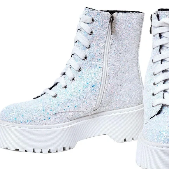 White Glitter Combat Boots - Picture 5 of 10